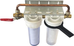 Filtre adoucisseur d'eau AQUAWATER, 104966, station filtre double avec cartouches de filtration et anti calcaire/anti corrosion