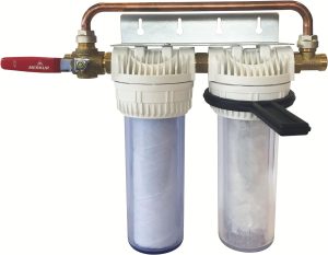 Filtre adoucisseur d'eau AQUAWATER, 104966, station filtre double avec cartouches de filtration et anti calcaire/anti corrosion